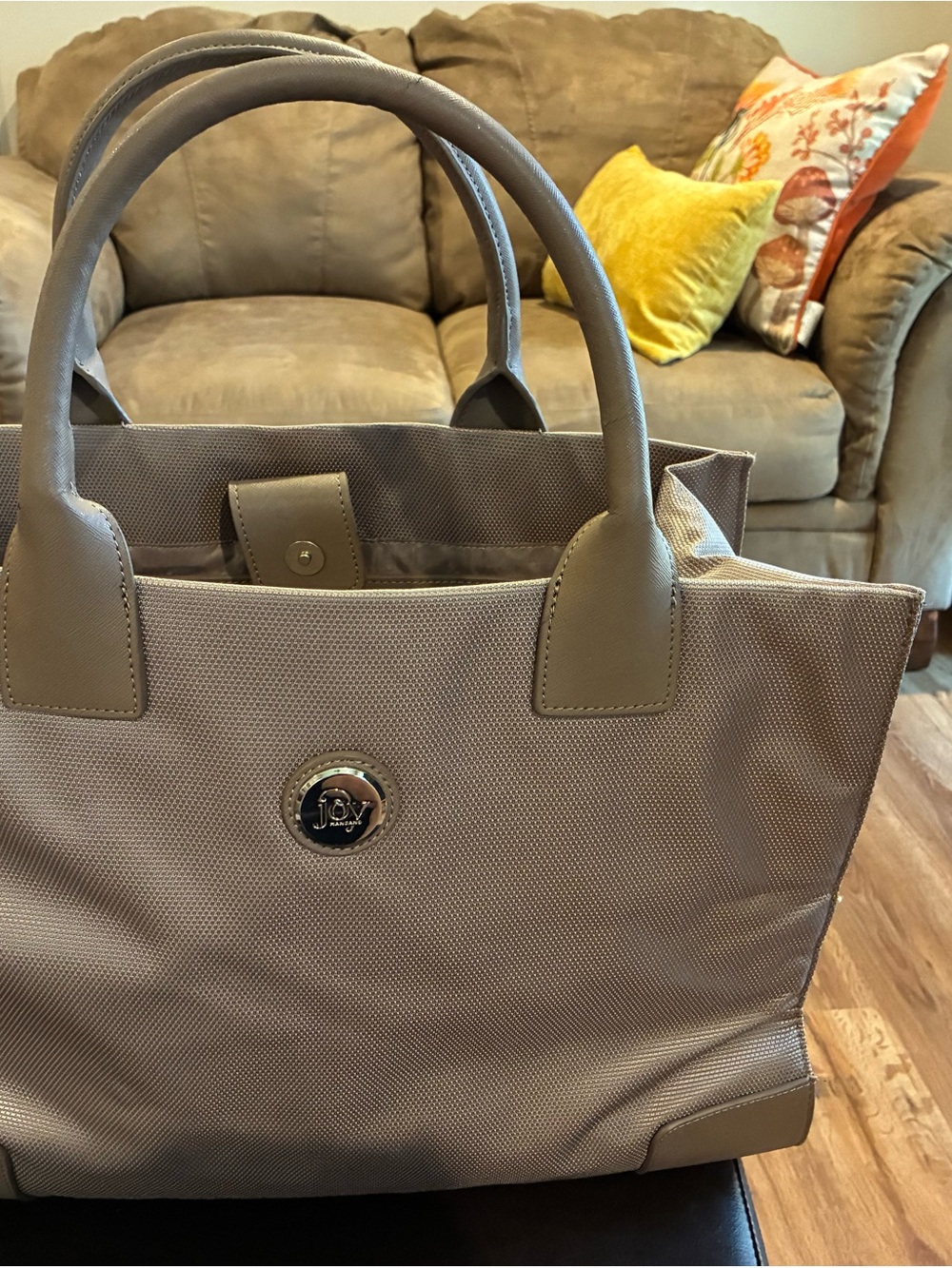 Joy Susan Taupe Canvas Tote with Leather-Trim Handles